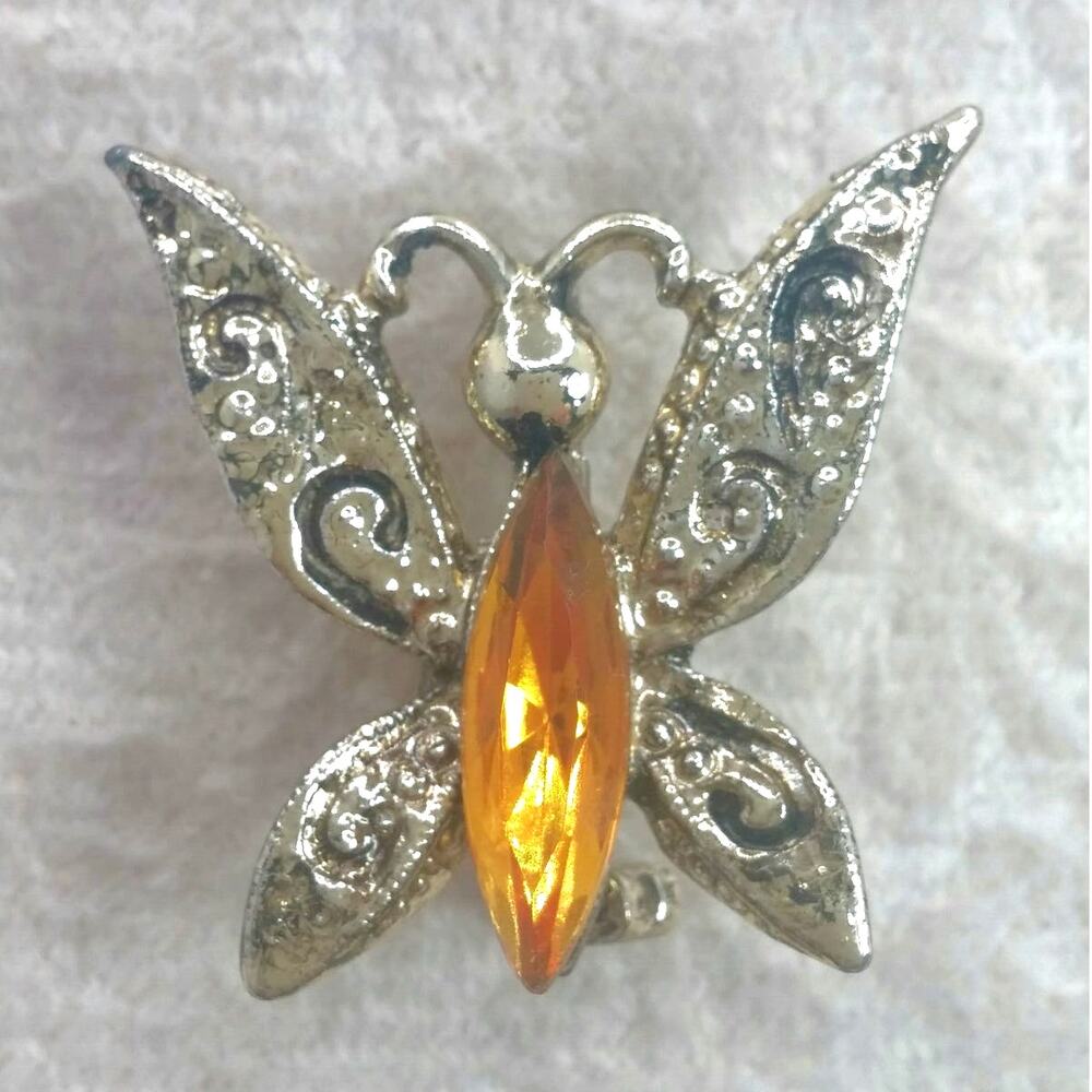Vintage Mini Butterfly Brooch Whimsical Gold Tone Pin Marquise Cut Stone Body